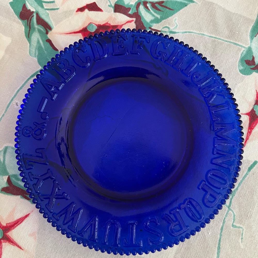 - Cobalt blue color, depression, glass baby plate with alphabet around sid…